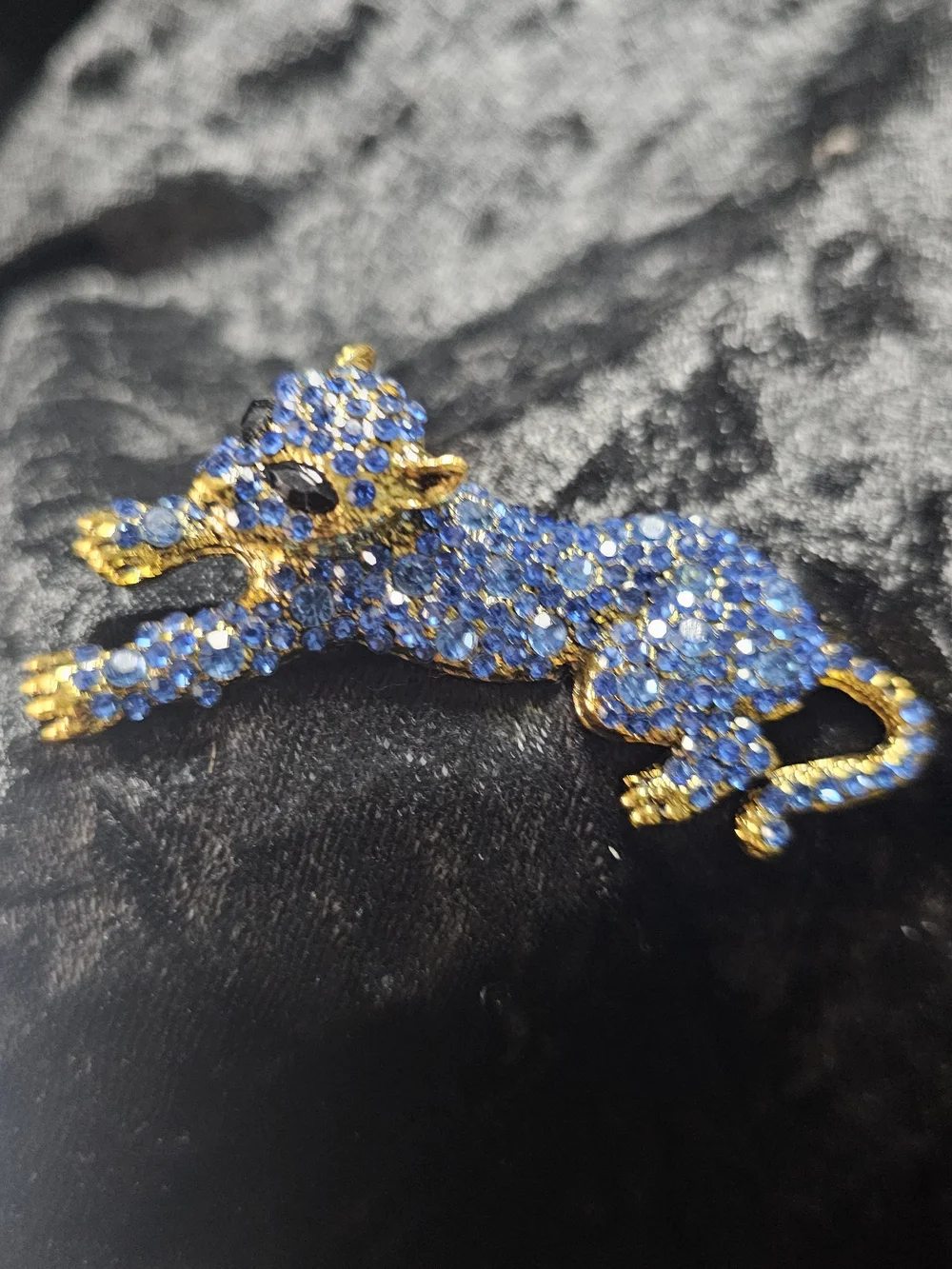 Blue Crystal Panther Brooch with Gold Accents